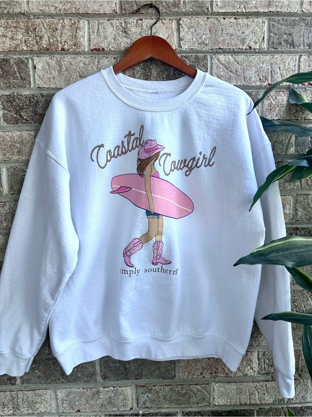 Simply Southern White Sweatshirt with Pink Surfboard & Cowgirl “Coastal Cowgirl”